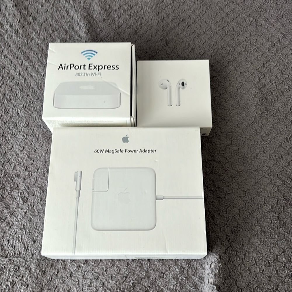 EMPTY boxes apple power adapter, airport express, and airpods